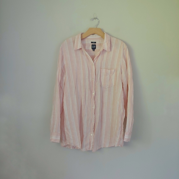 GAP Linen Boyfriend Shirt Pink Stripe Long Sleeve Tall Size Large - Picture 5 of 12
